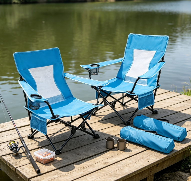 2 Pack Folding Beach Camping Chairs with Armrests Storage Pocket and Cup Holder