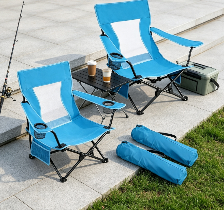 2 Pack Folding Beach Camping Chairs with Armrests Storage Pocket and Cup Holder - Image 2