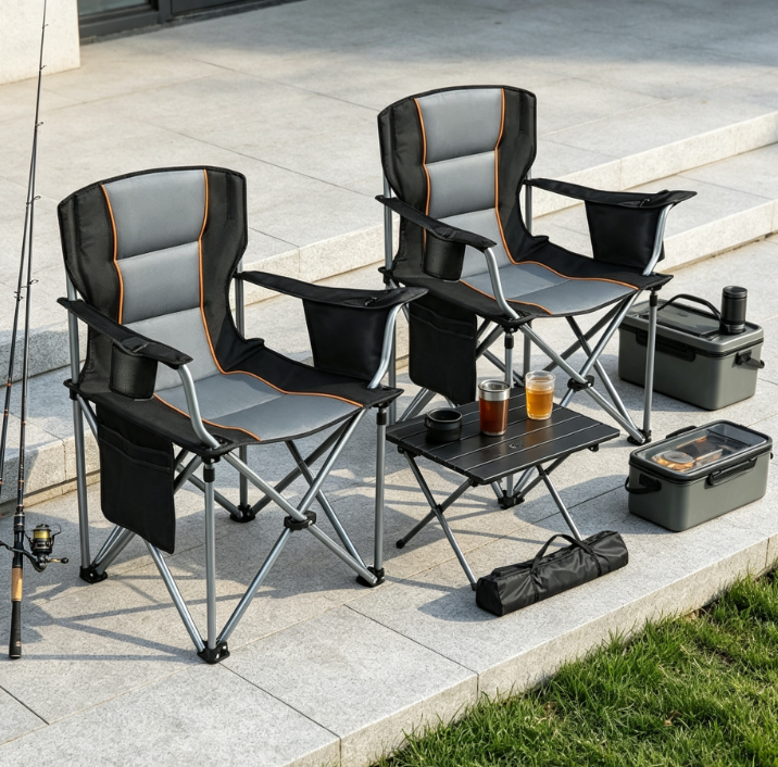 2 Pack Oversized Folding Camping Chairs with Cooler Bag Cup Holder and Side Pocket - Image 2