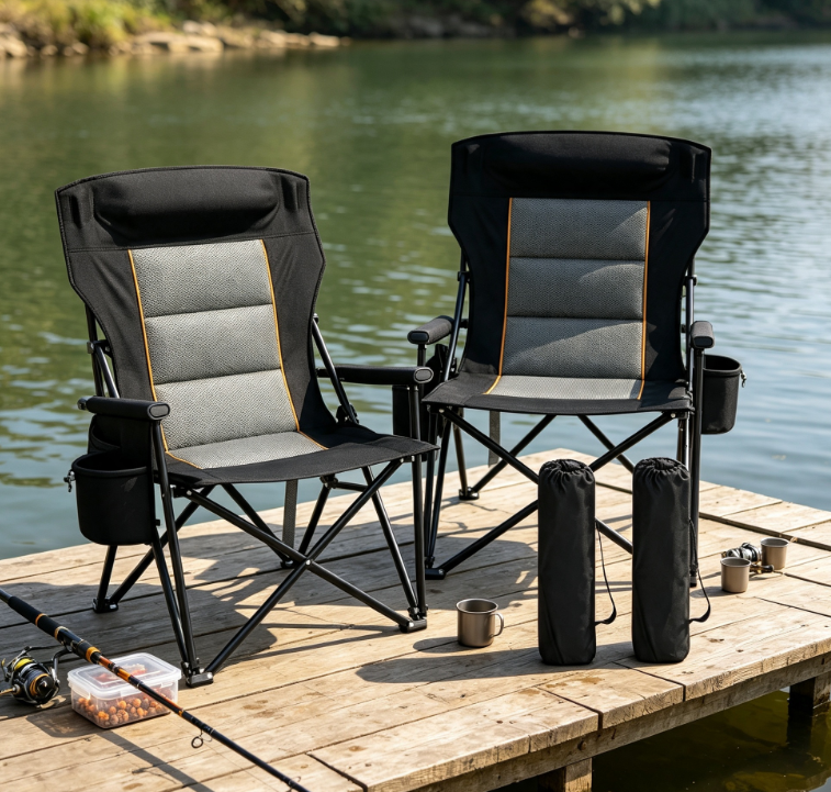Heavy Duty Folding Camping Chair with Headrest Side Pocket and Cup Holder for Fishing Outdoor