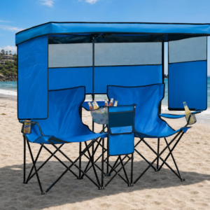 Double Folding Camping Chair with Canopy Shade Cooler Bag and Cup Holder for Beach Fishing