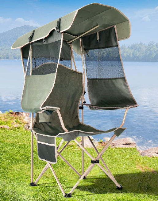 Folding Camping Chair with Sun Canopy Shade Cup Holder and Side Storage Pocket