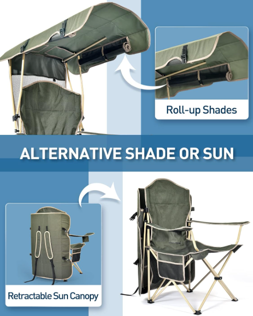 Folding Camping Chair with Sun Canopy Shade Cup Holder and Side Storage Pocket - Image 2