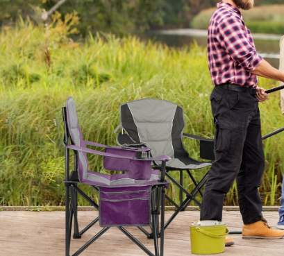 2 Pack Padded Oversized Folding Camping Chairs with Cooler Bag Cup Holder and Side Pocket