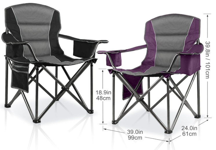 2 Pack Padded Oversized Folding Camping Chairs with Cooler Bag Cup Holder and Side Pocket - Image 2