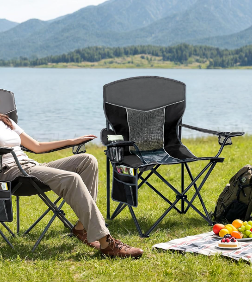 2 Pack Large Folding Camping Chairs with Mesh Back Design and Storage Pocket