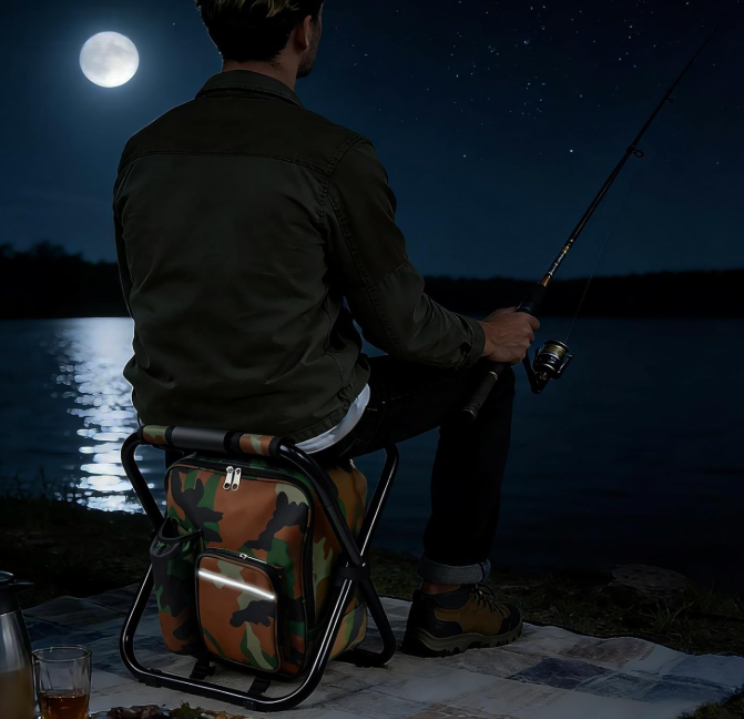 Folding Backpack Fishing Chair with Cooler Storage Pocket Portable Outdoor Stool for Beach Travel