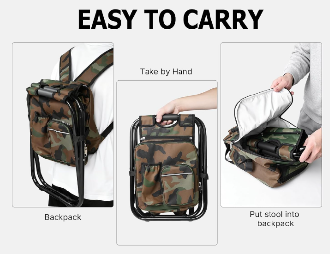 Folding Backpack Fishing Chair with Cooler Storage Pocket Portable Outdoor Stool for Beach Travel - Image 2