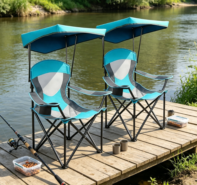 Heavy Duty Folding Camping Chair with Adjustable Sunshade Cup Holder and Carry Bag