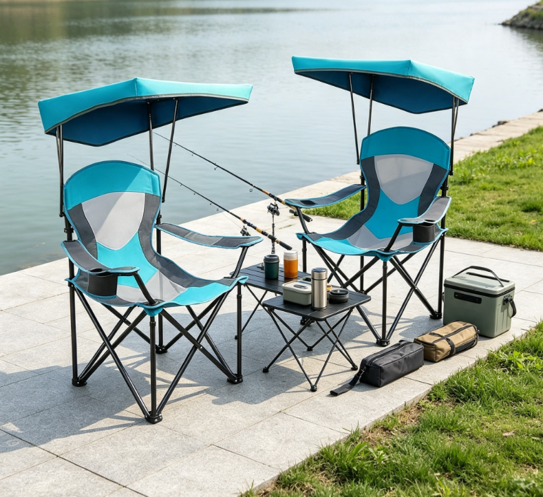 Heavy Duty Folding Camping Chair with Adjustable Sunshade Cup Holder and Carry Bag - Image 2