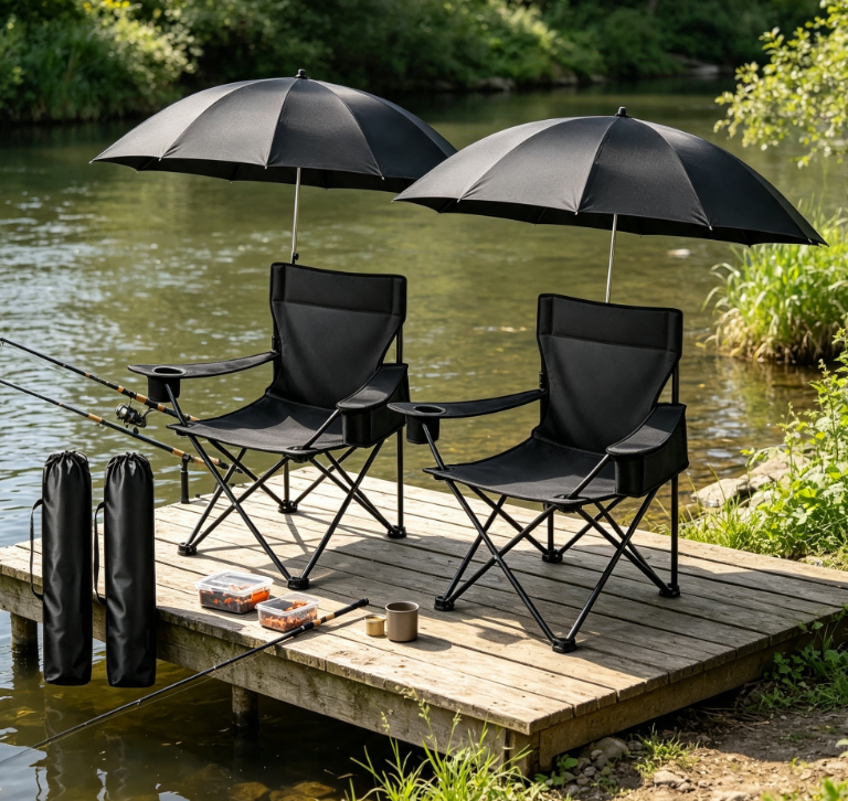 2 Pack Folding Camping Chairs with Adjustable Canopy and Cup Holder for Outdoor Fishing
