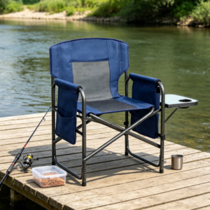 Folding Director Style Camping Chair with Side Table Storage Pocket and Carry Strap