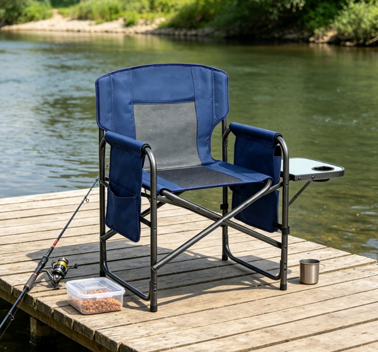 Folding Director Style Camping Chair with Side Table Storage Pocket and Carry Strap