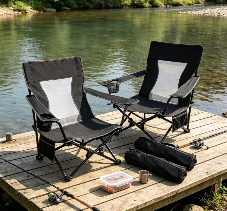 2 Pack Folding Beach Camping Chairs with Armrests Storage Pocket and Carry Bag