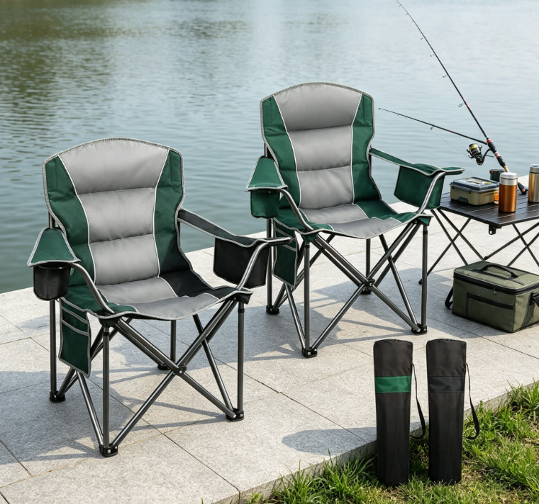 2 Pack Oversized Folding Camping Chairs with Cooler Bag Cup Holder for Fishing Garden - Image 2