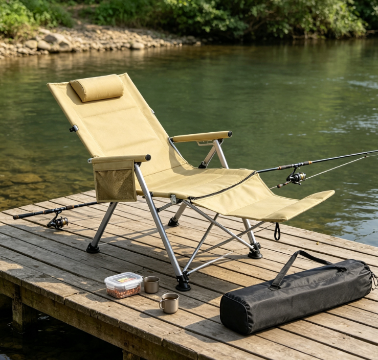 Reclining Folding Camping Chair with Footrest Headrest and Storage Pocket for Outdoor Activities