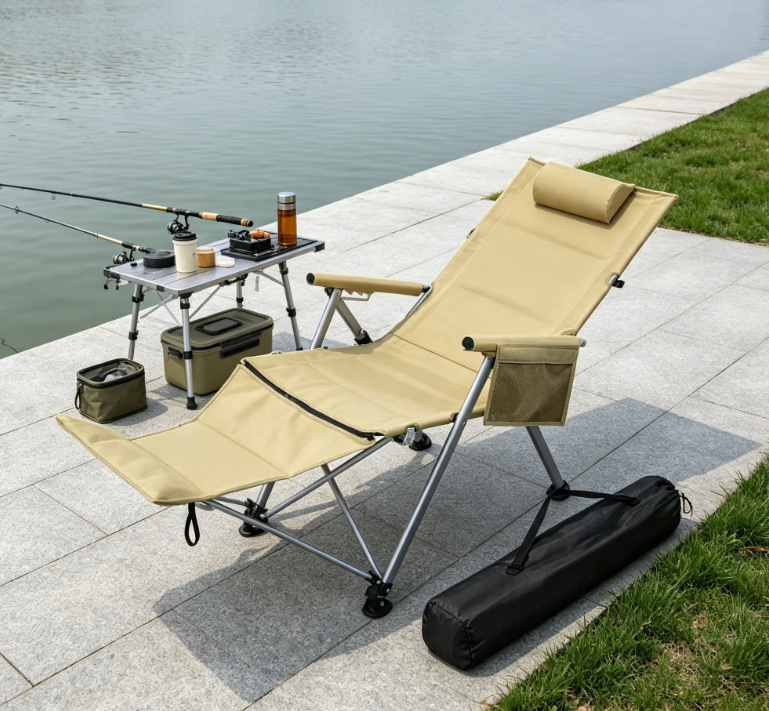 Reclining Folding Camping Chair with Footrest Headrest and Storage Pocket for Outdoor Activities - Image 2