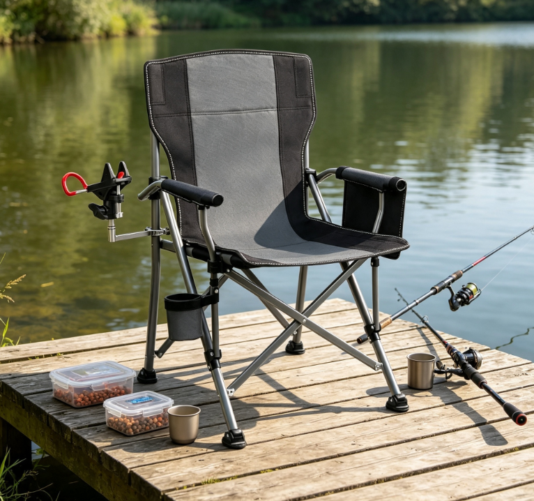 Folding Fishing Chair with Adjustable Rod Holder Side Pocket Cup Holder for Outdoor Sports