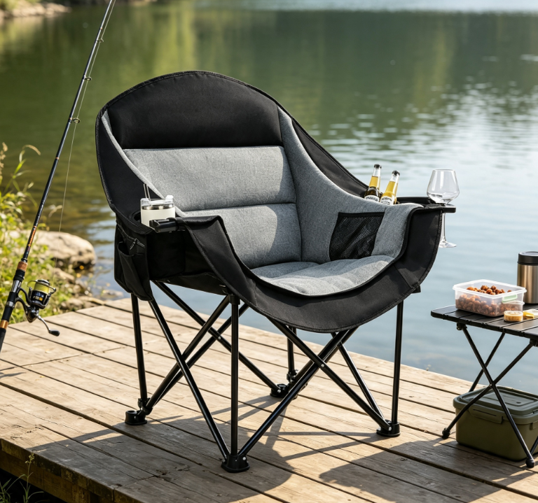 Oversized Heavy Duty Folding Camping Chair with Cooler Bag Cup Holder for Fishing Outdoor Use