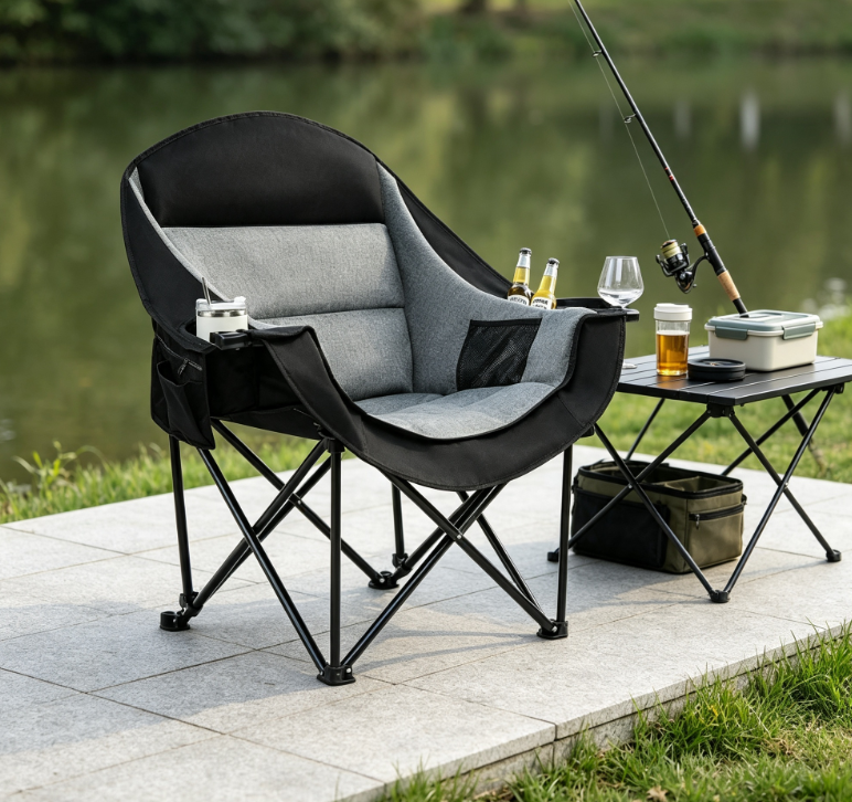 Oversized Heavy Duty Folding Camping Chair with Cooler Bag Cup Holder for Fishing Outdoor Use - Image 2